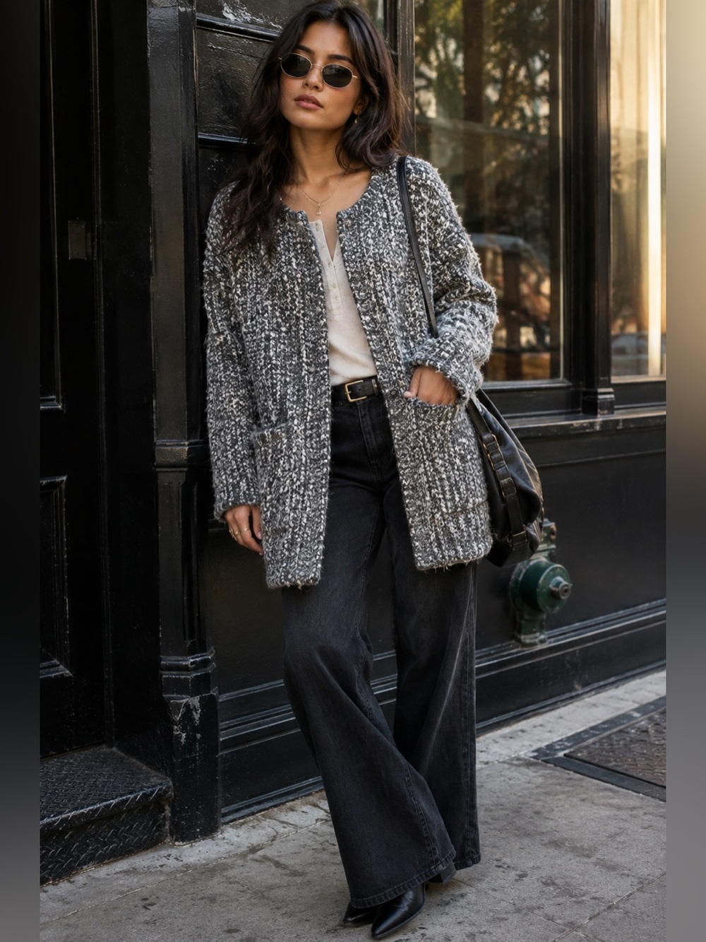 Joie Bouclé Wool Blend Long Cardigan Coat Gray White Size Small